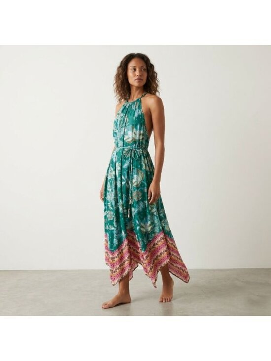 Sundance Dresses & Skirts - Sundance Teal Floral Maxi Halter Dress XS Handkerchief Boho Viscose Cotton